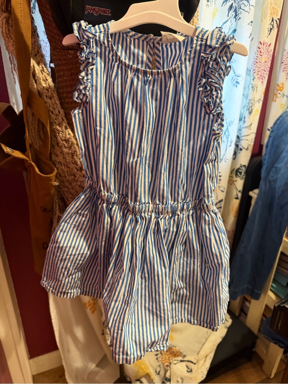 Crewcuts Blue and White Striped Ruffle Sleeve Dress